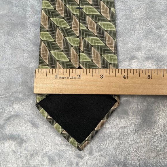 Stafford Mens Neck Tie Green Brown Geometric Print 100% Silk Made in USA - Picture 10 of 11